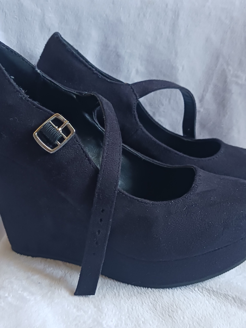 Soda Black Mary Jane Wedge Heels with Buckle Strap